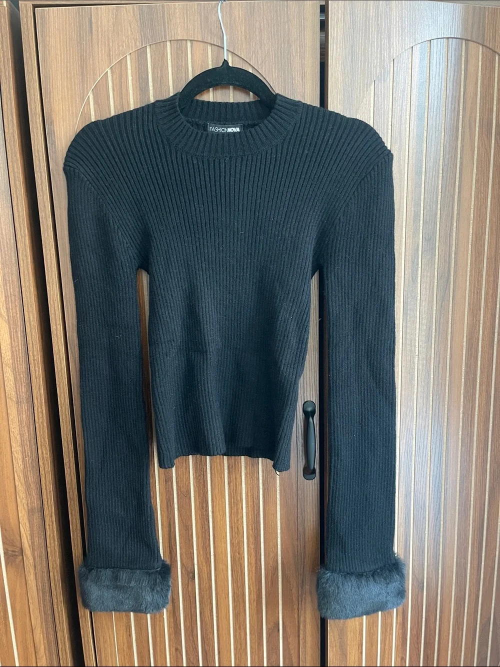 Fashion Nova Black Ribbed Sweater with Faux Fur Cuffs, Winter Chic